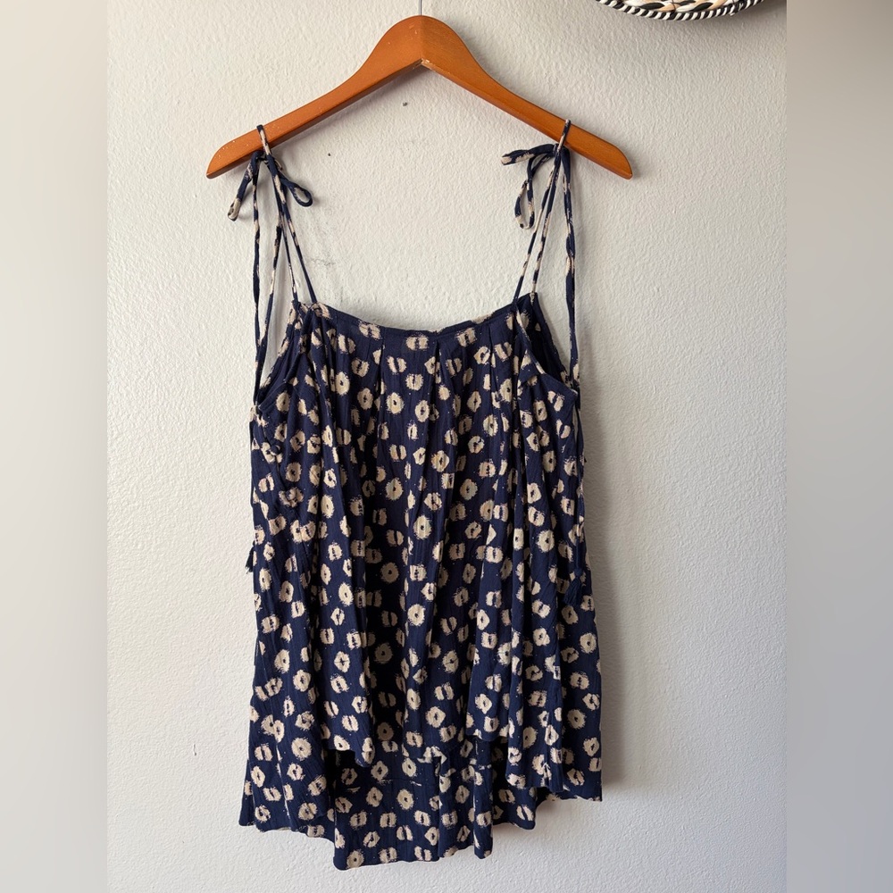 Free People Floral Indigo Molly Tunic Boho Babydoll Top Navy Cream Women’s Large - Picture 5 of 10
